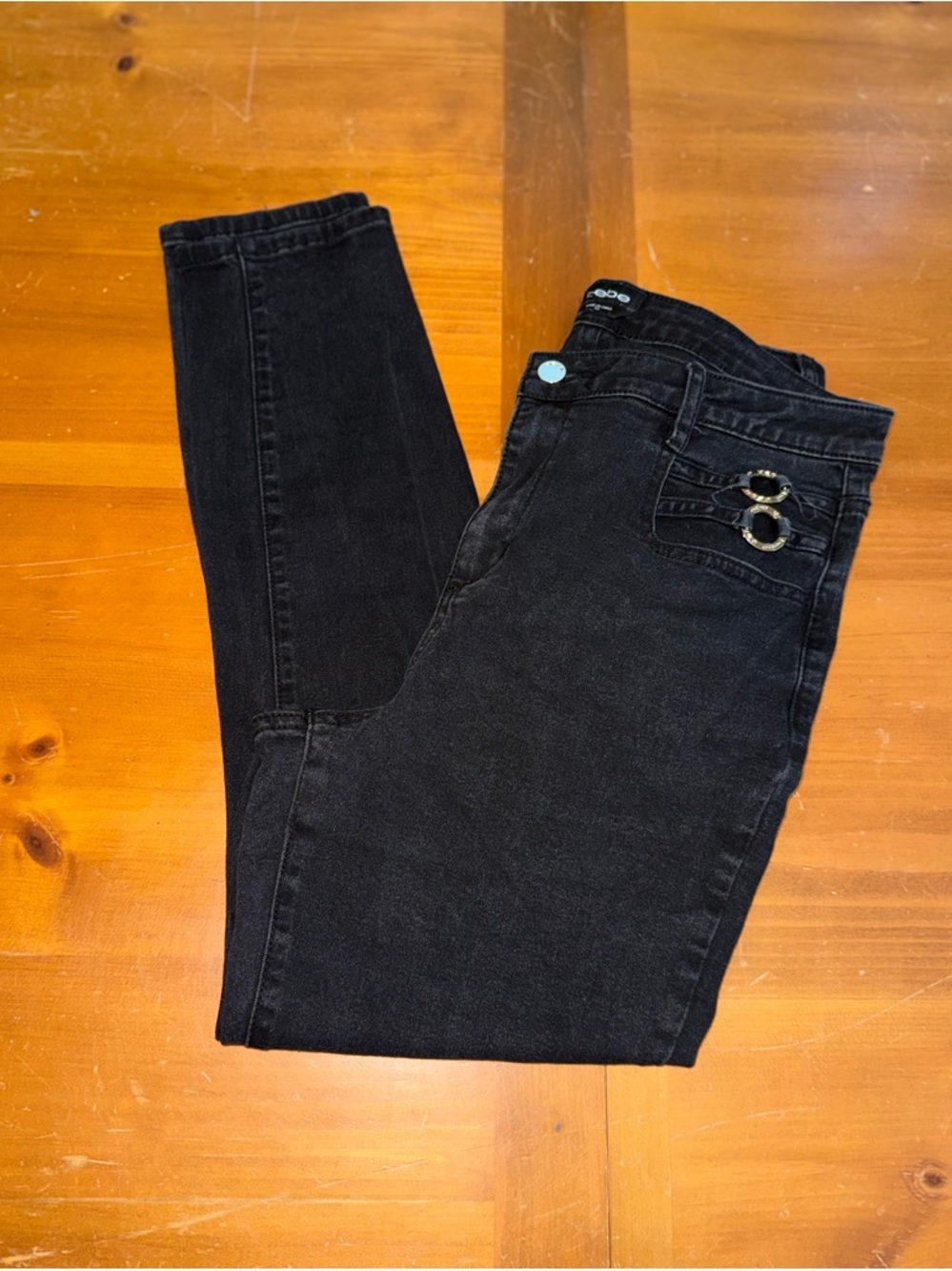 Bebe High Rise Skinny Denim Jeans 32 Black Sequins Pocket Silver Ring Embellish